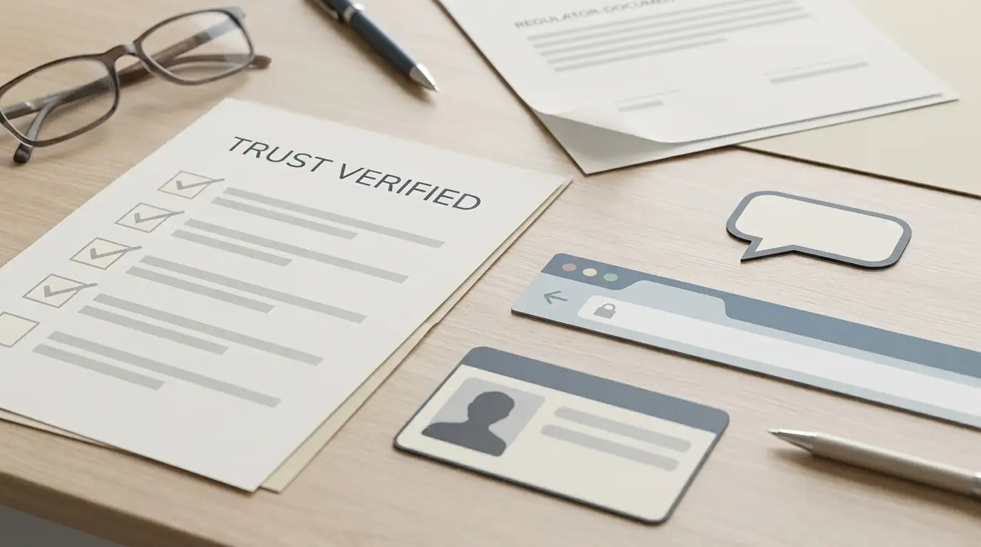 Editorial illustration of a casino trust checklist with domain, identity and regulator checks