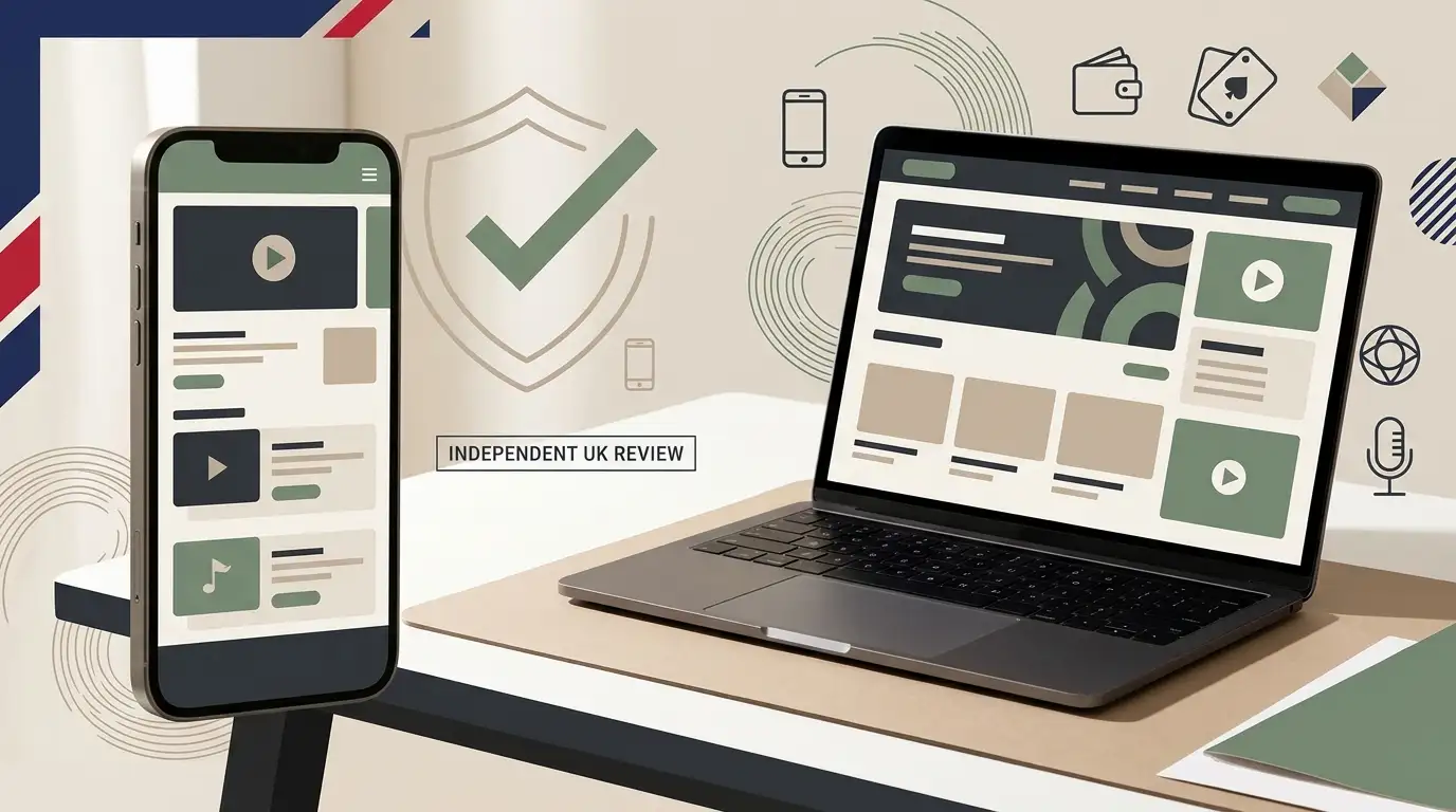 Editorial illustration of a UK-focused online casino review on mobile and desktop devices