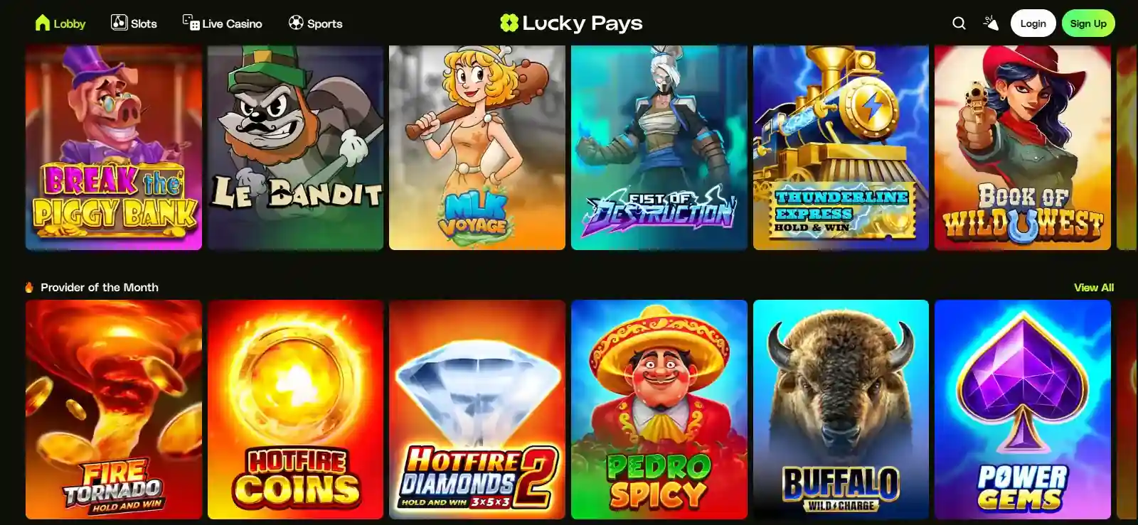 Lucky Pays homepage or casino lobby with brand navigation